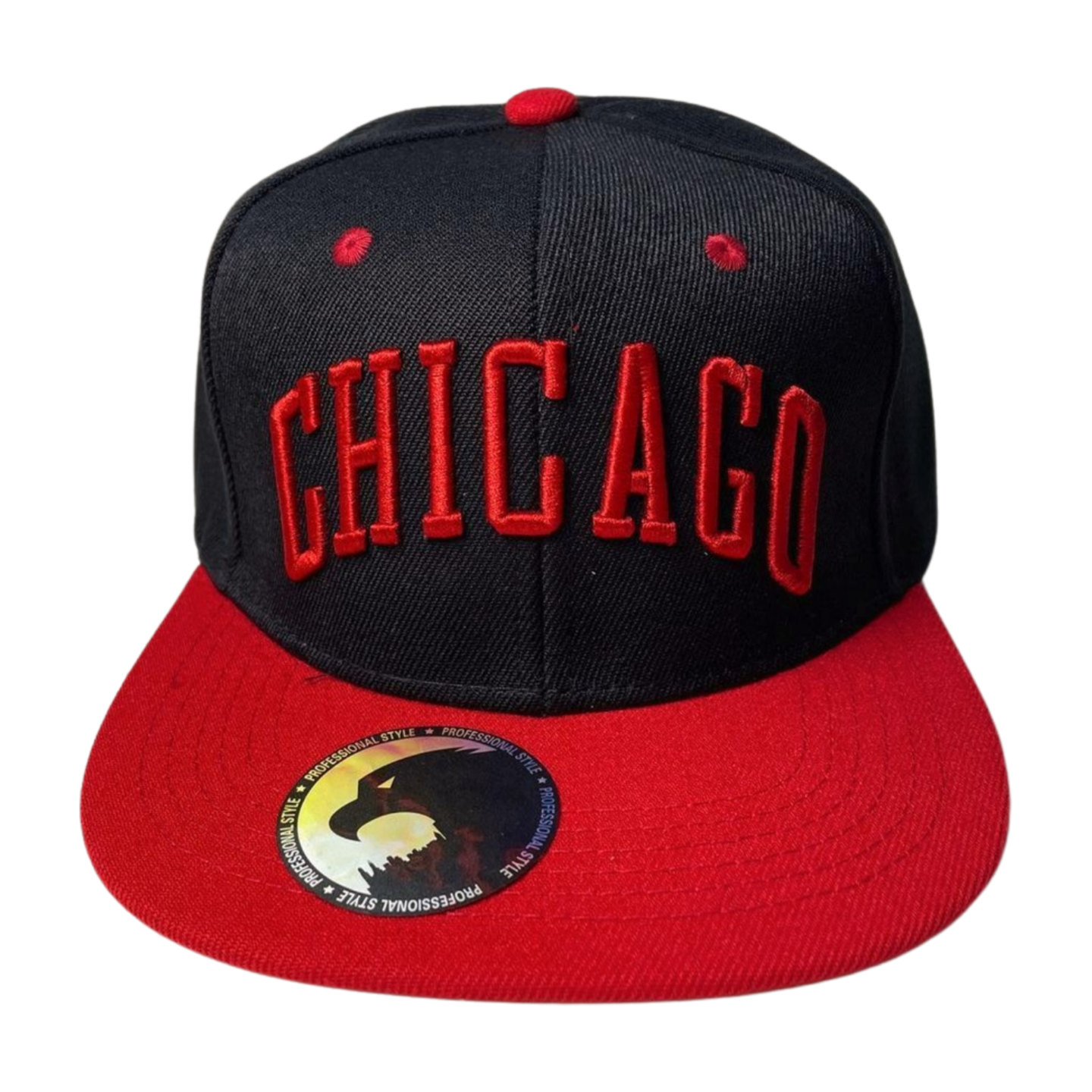 PS-CHICAGO-DZ-CHICAGO EMBROIDERY, FLAT BILL SNAPBACK-$5.50 - BLACK/RD-RED - Burzip Wholesale