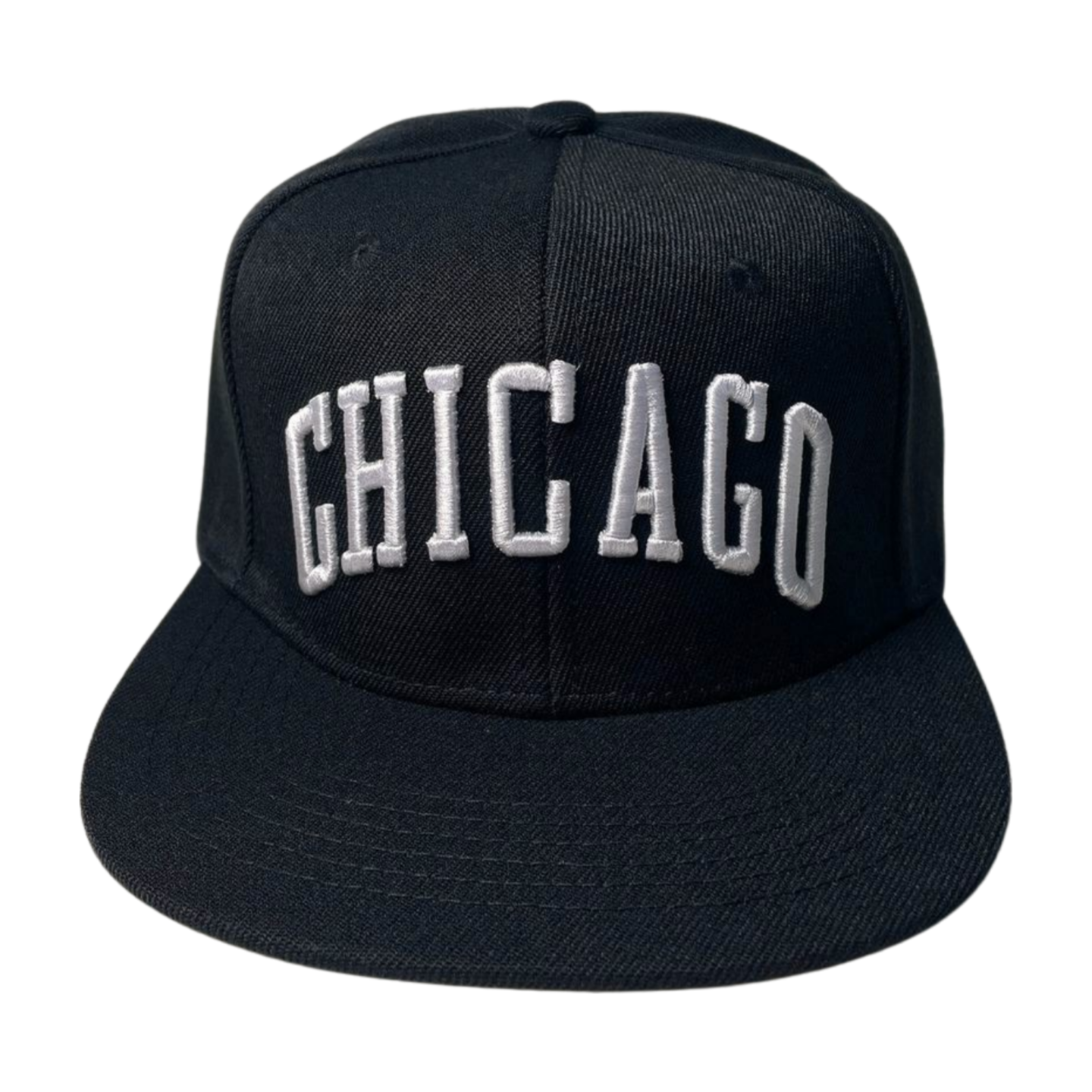 PS-CHICAGO-DZ-CHICAGO EMBROIDERY, FLAT BILL SNAPBACK-$5.50 - BLACK-WHITE - Burzip Wholesale