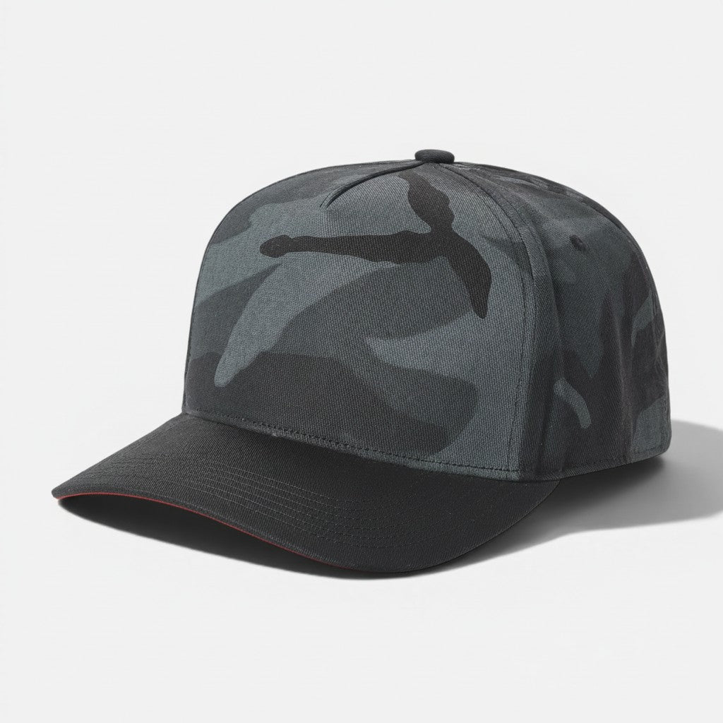 Dark Grey Camo / Black wholesale 5 panel camouflage blank adjustable cap for embroidery and custom printing
