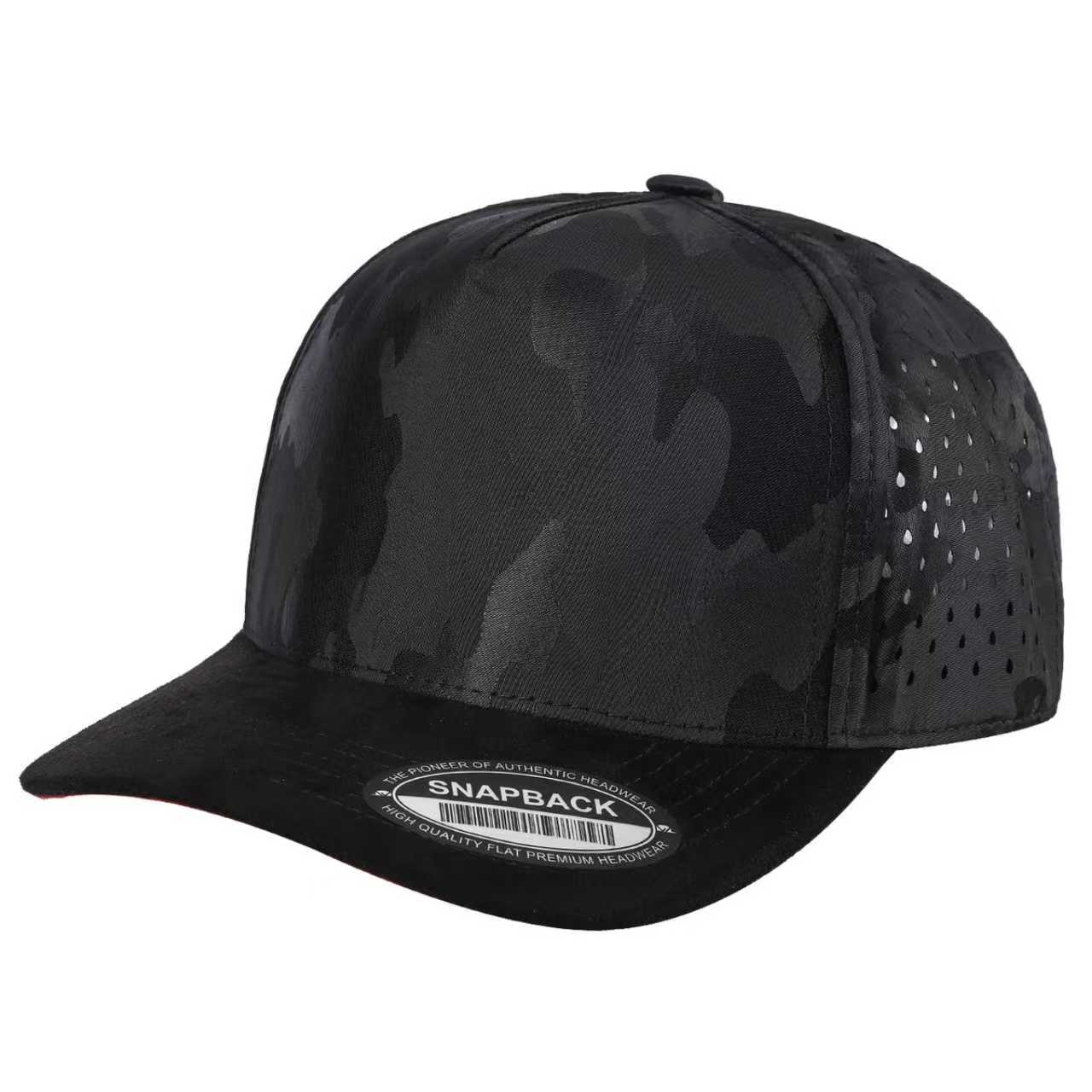 5panel Camo Crown W/ Laser Vented Back and Suede Bill Snapback Tccsl - BLACK - Burzip Wholesale