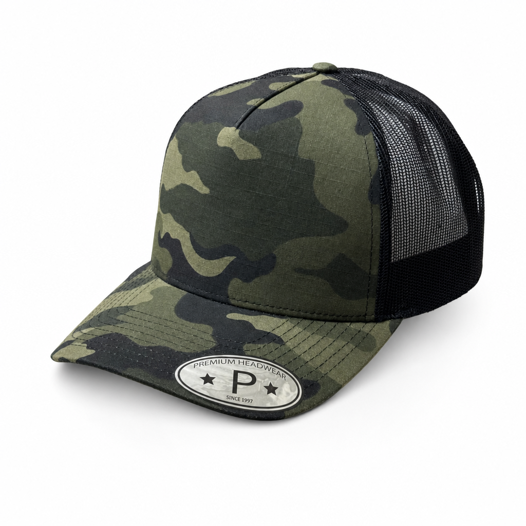 Camouflage and Black 5 Panel Curved Bill Mesh Snapback Cap #5PCM
