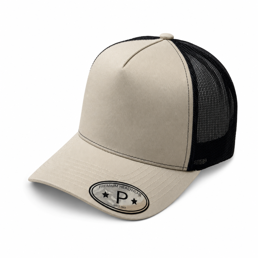 Khaki and Black 5 Panel Curved Bill Mesh Snapback Cap #5PCM