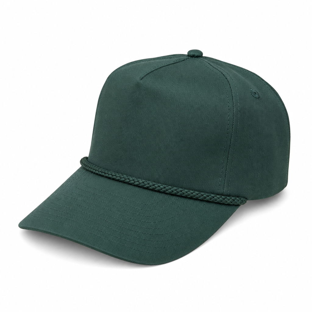5 Panel Unstructured W/Rope front Snapback Plain cap #506R in D.GREEN - Style 5PCR-UNS | Burzip