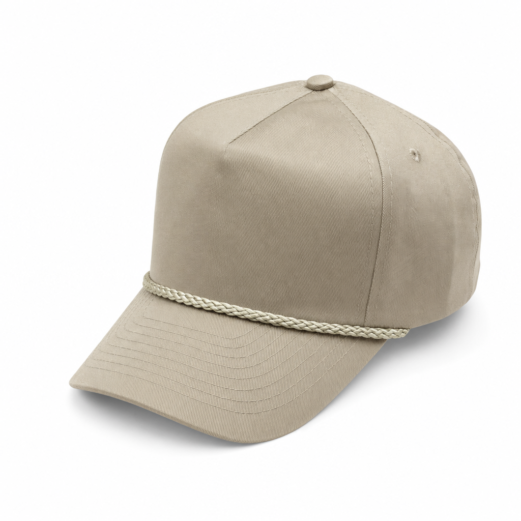 5 Panel Unstructured W/Rope front Snapback Plain cap #506R in KHAKI - Style 5PCR-UNS | Burzip
