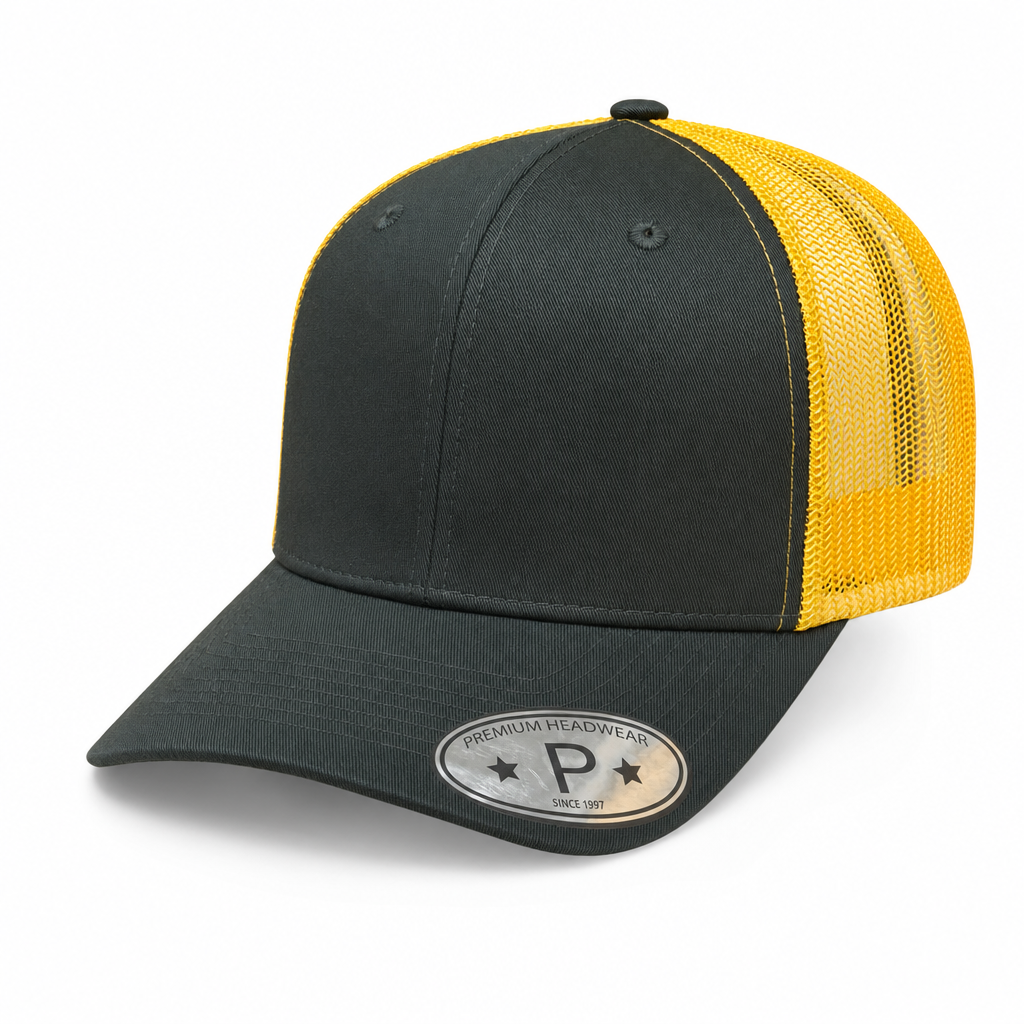 6 Panel Trucker mesh back Snapback Plain Cap #606M in D.GREEN-GOLD - Style 6PCM | Burzip
