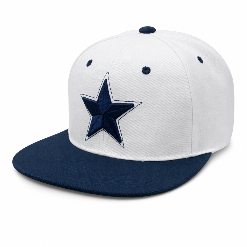 6 Panel Flatbill w/Star Embroidery Snapback Cap #E16001 in WHITE-NAVY-NAVY - Style E16001 | Burzip