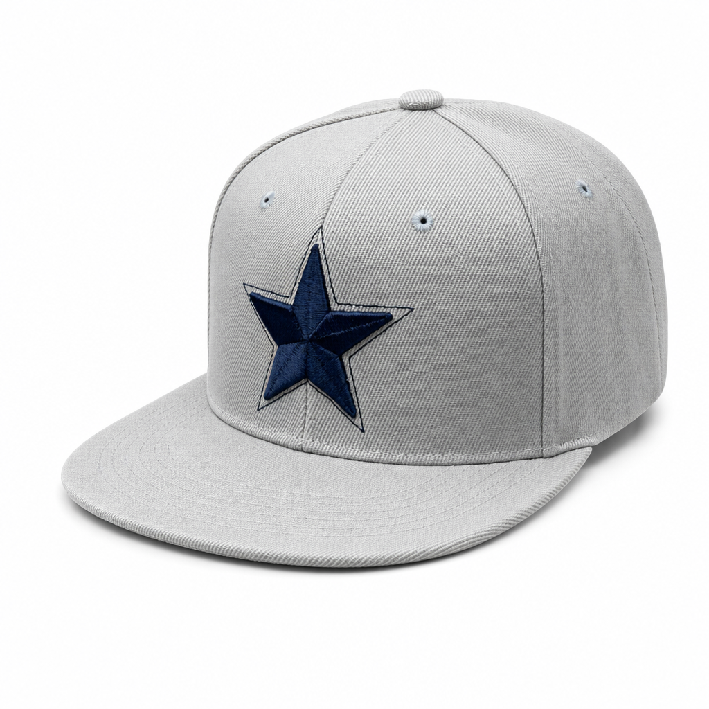 6 Panel Flatbill w/Star Embroidery Snapback Cap #E16001 in WHITE-NAVY - Style E16001 | Burzip