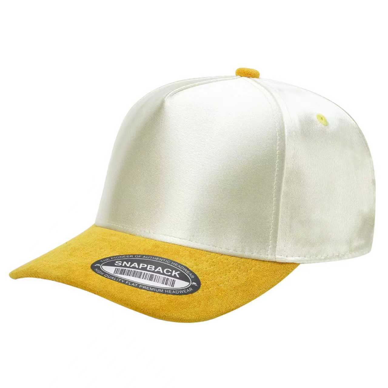 SATIN CROWN & SUEDE BILL 5PANEL SNAP BACK-PREPACK tcsts - GOLD/BLACK - Burzip Wholesale