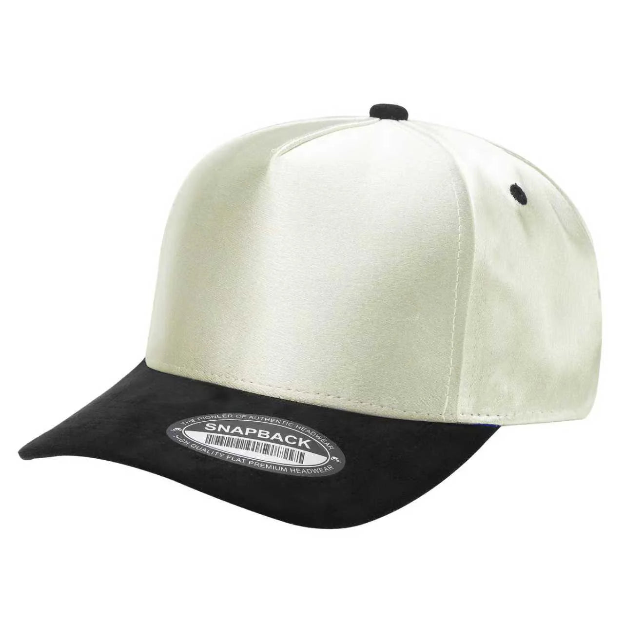 SATIN CROWN & SUEDE BILL 5PANEL SNAP BACK-PREPACK tcsts - WHITE/BLACK - Burzip Wholesale