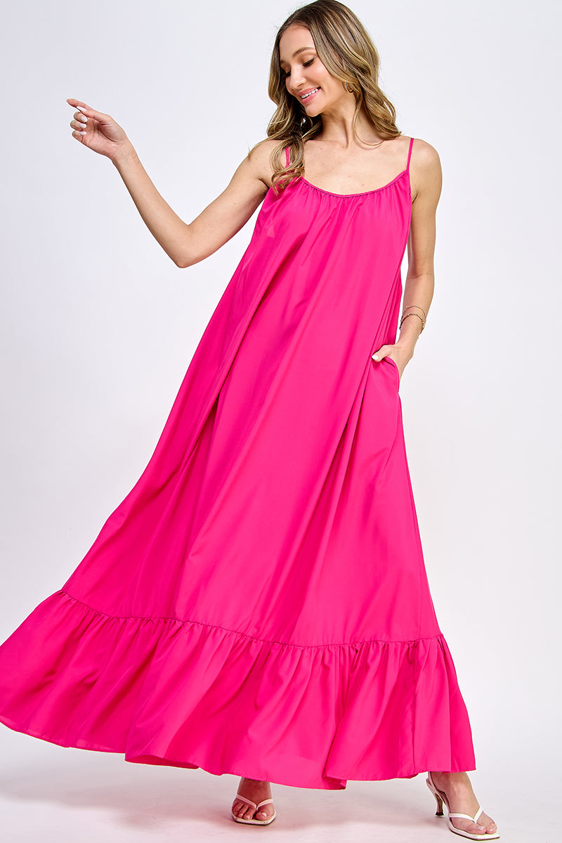 SD0142-1PC-WOVEN CAMI STRAPS SCOOP NECK MAXI DRESS-$18 (Display Sample) - PINK / - Burzip Wholesale
