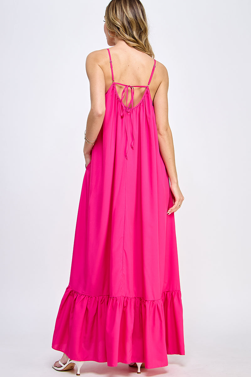 SD0142-1PC-WOVEN CAMI STRAPS SCOOP NECK MAXI DRESS-$18 (Display Sample) - PINK // 2222=8PCS * $12 - Burzip Wholesale