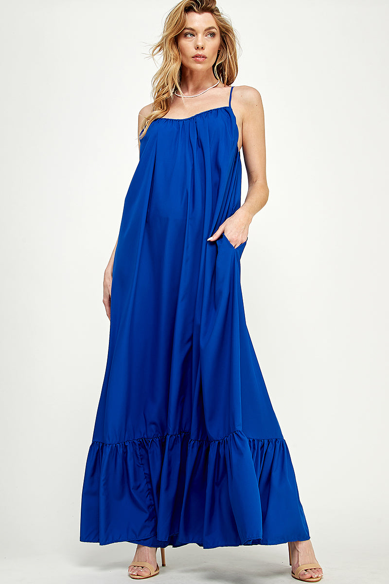 SD0142-1PC-WOVEN CAMI STRAPS SCOOP NECK MAXI DRESS-$18 (Display Sample) - selected color - Burzip Wholesale