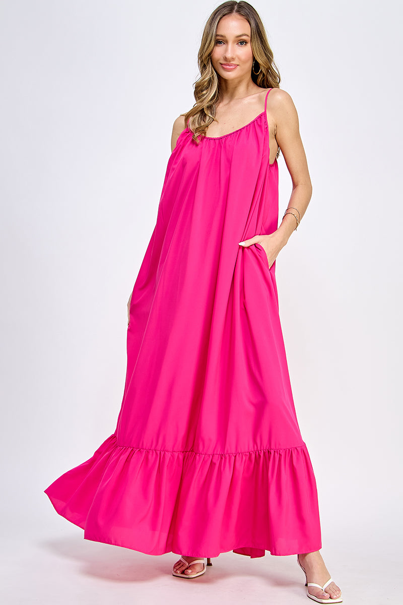 SD0142-1PC-WOVEN CAMI STRAPS SCOOP NECK MAXI DRESS-$18 (Display Sample) - ROYAL / M - Burzip Wholesale