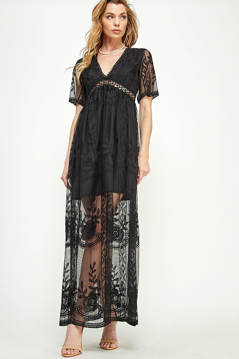 SD0204-1PC-LACE SHORT SLEEVE V-NECK MAXI DRESS-$22 (Sample for Display) - OFF WHITE - Burzip Wholesale