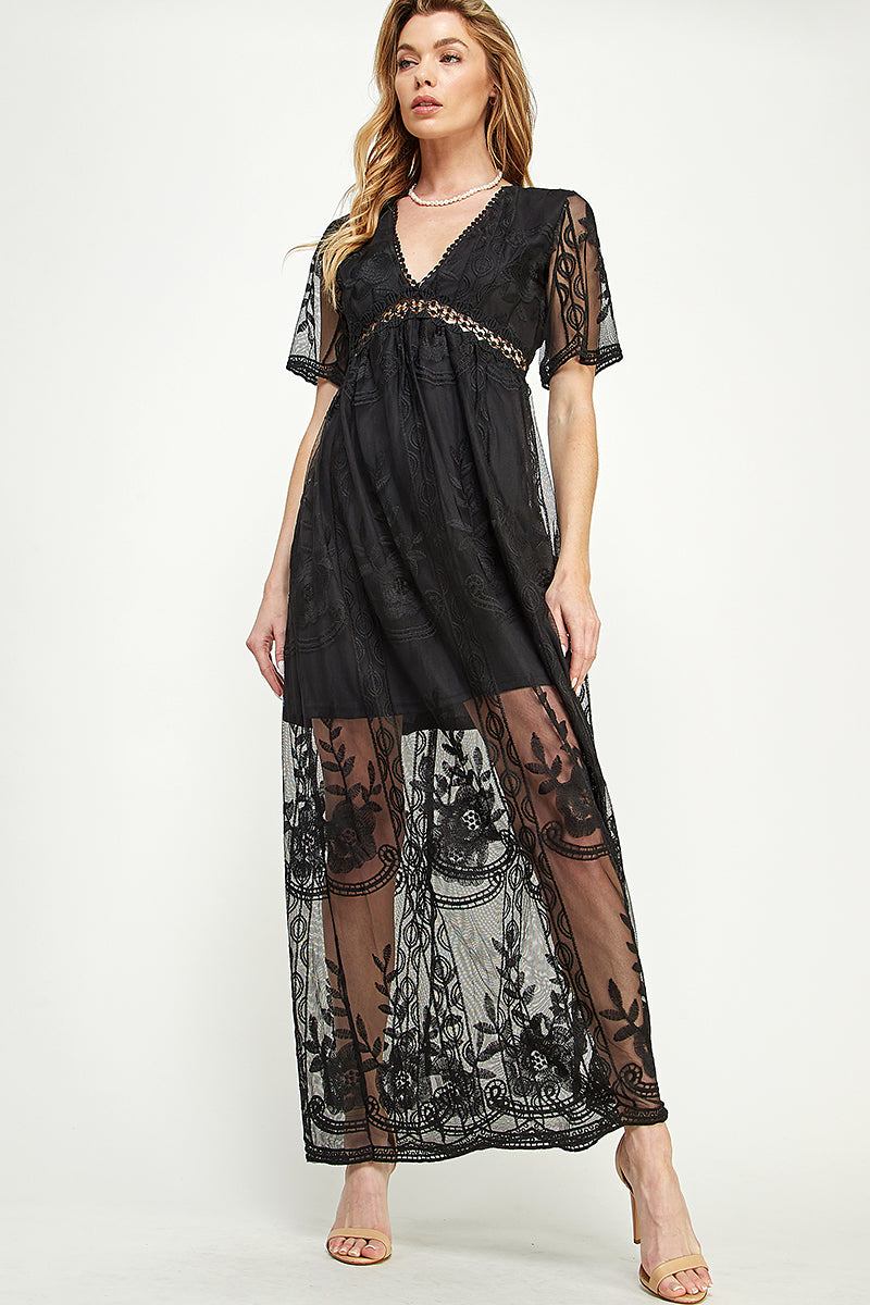 SD0204-1PC-LACE SHORT SLEEVE V-NECK MAXI DRESS-$22 (Sample for Display) - OFF WHITE - Burzip Wholesale