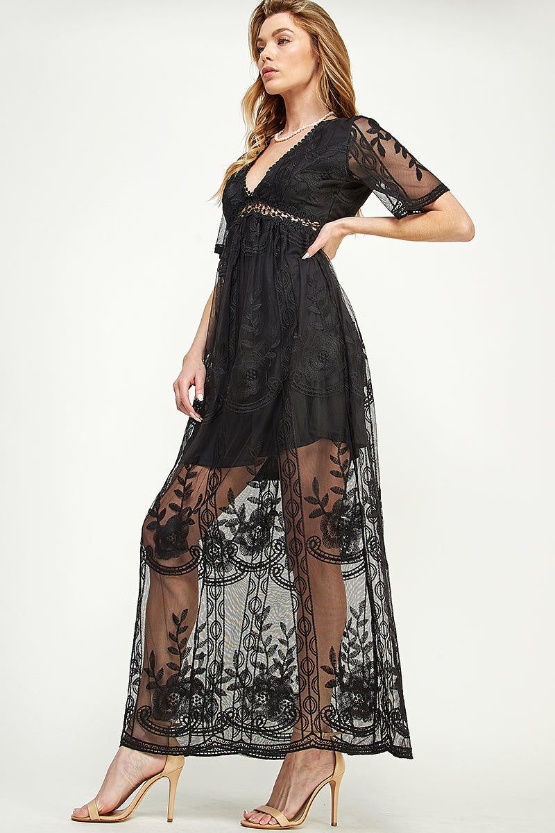 SD0204-1PC-LACE SHORT SLEEVE V-NECK MAXI DRESS-$22 (Sample for Display) - selected color - Burzip Wholesale
