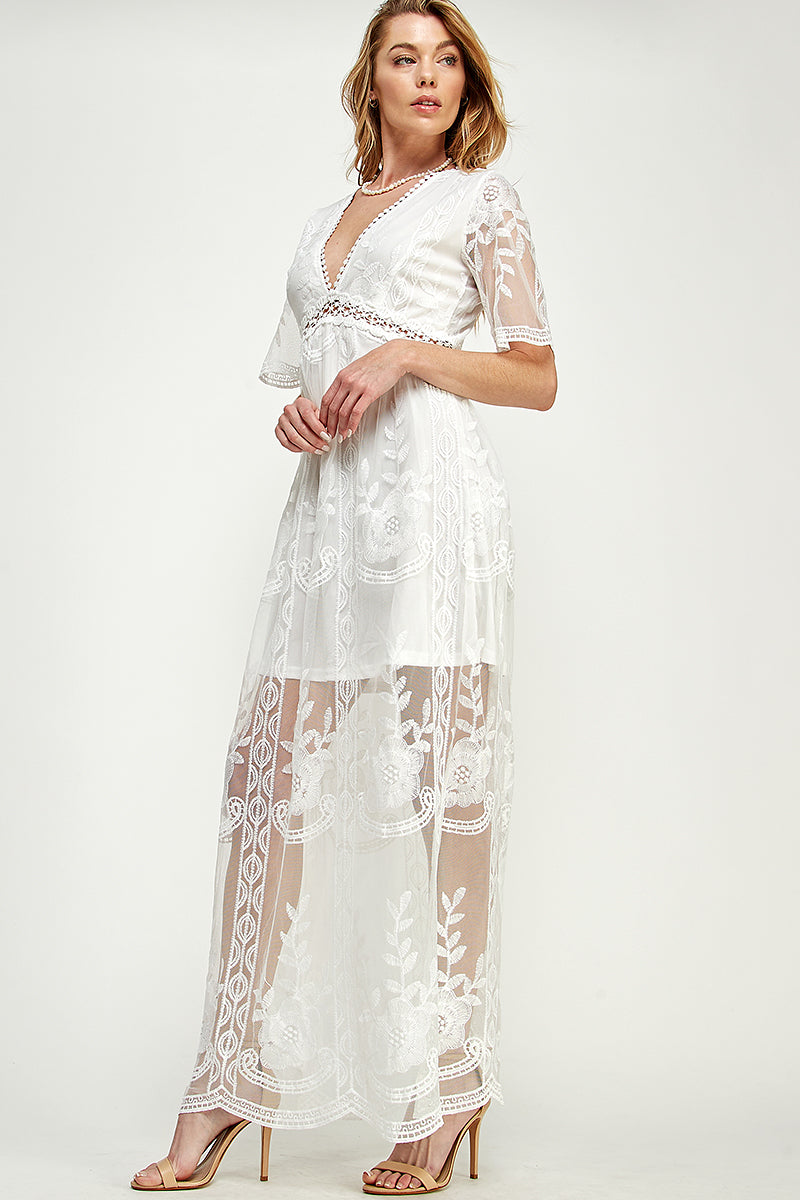SD0204-1PC-LACE SHORT SLEEVE V-NECK MAXI DRESS-$22 (Sample for Display) - selected color - Burzip Wholesale