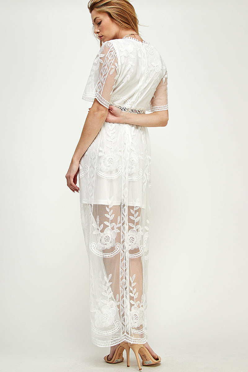 SD0204-1PC-LACE SHORT SLEEVE V-NECK MAXI DRESS-$22 (Sample for Display) - selected color - Burzip Wholesale