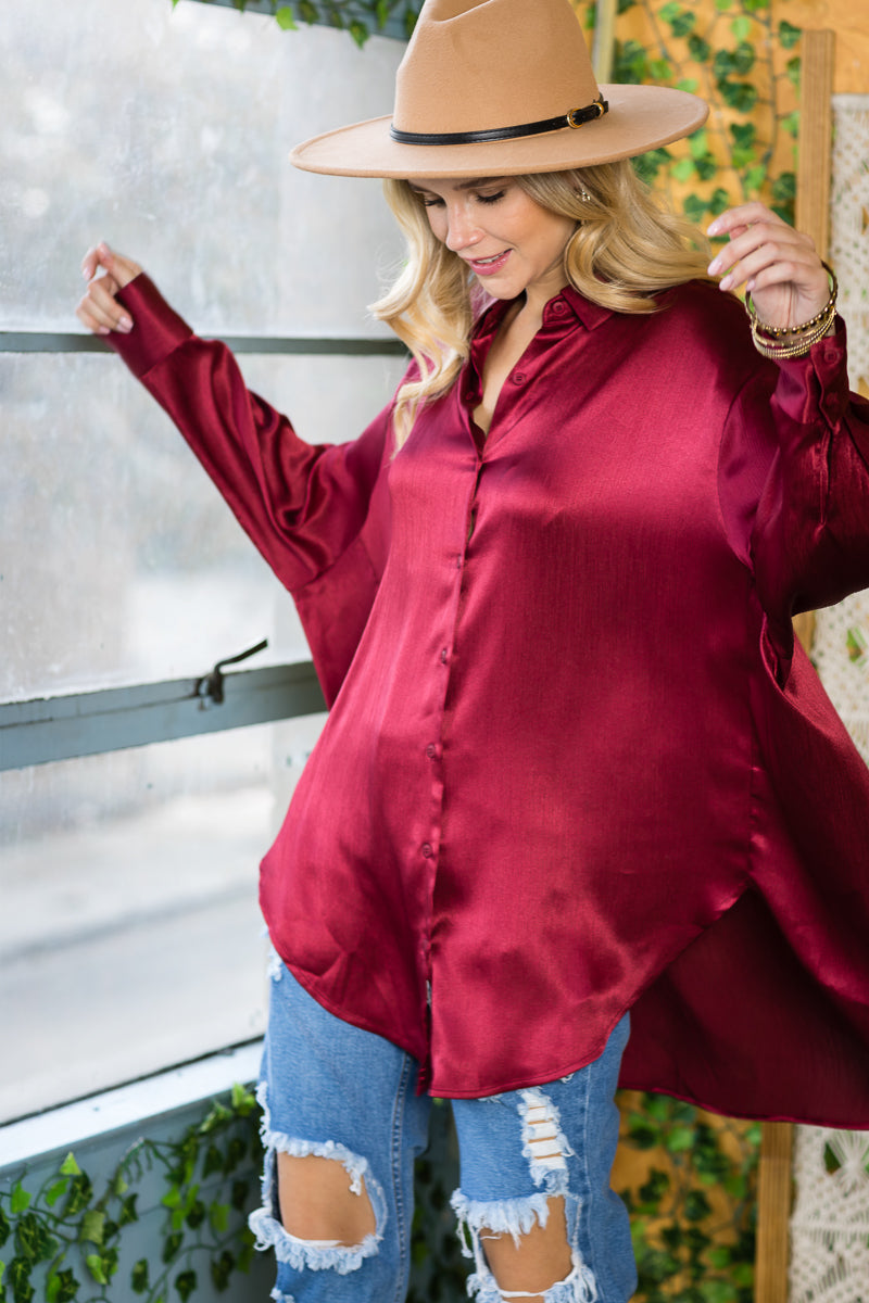 ST0130-1PC-OVERSIZE SATIN BUTTON UP SHIRTS-$27 (DISPLAY SAMPLE) - D.GREEN / / 111=3PCS * $ - Burzip Wholesale