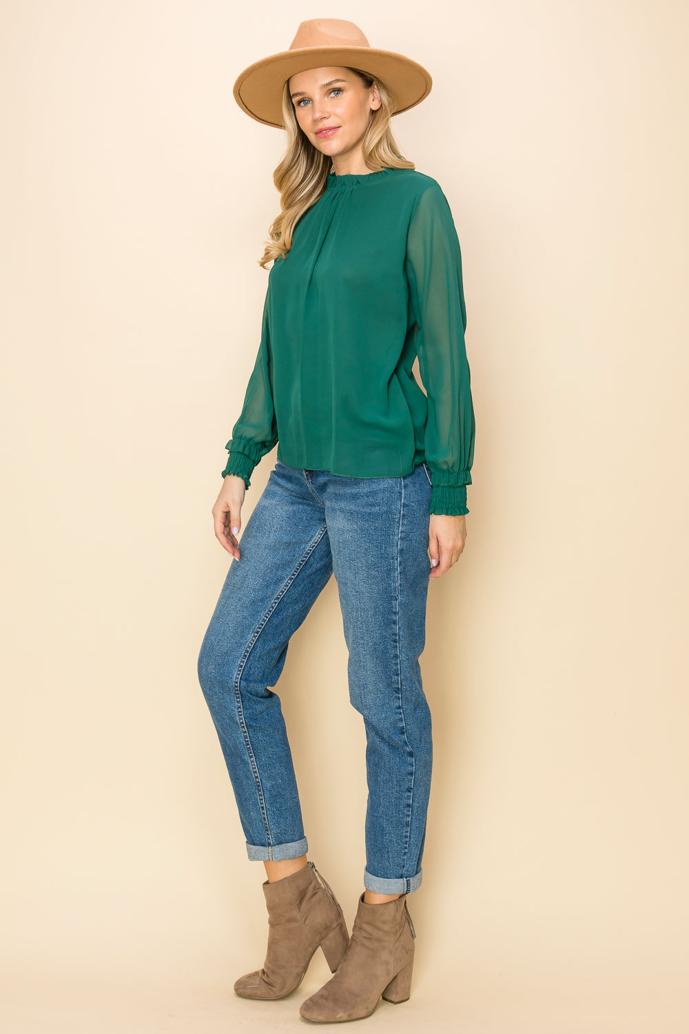 ST0138-FRILLED NECK SHIRRED CUFF BLOUSE - WHT / 222=6PCS * $10 - Burzip Wholesale