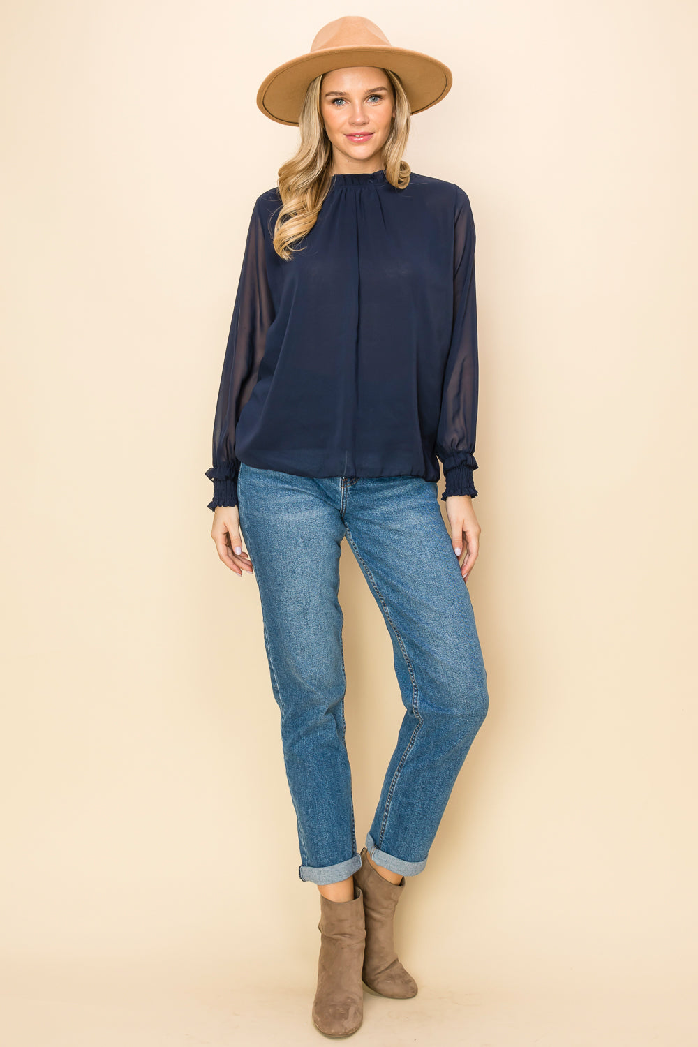 ST0138-FRILLED NECK SHIRRED CUFF BLOUSE - selected color - Burzip Wholesale