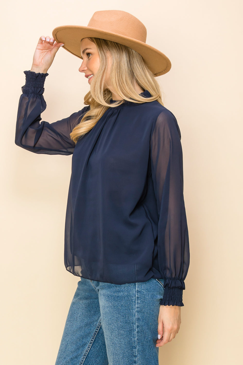 ST0138-FRILLED NECK SHIRRED CUFF BLOUSE - DK GREEN / 111=3PCS * $13 - Burzip Wholesale
