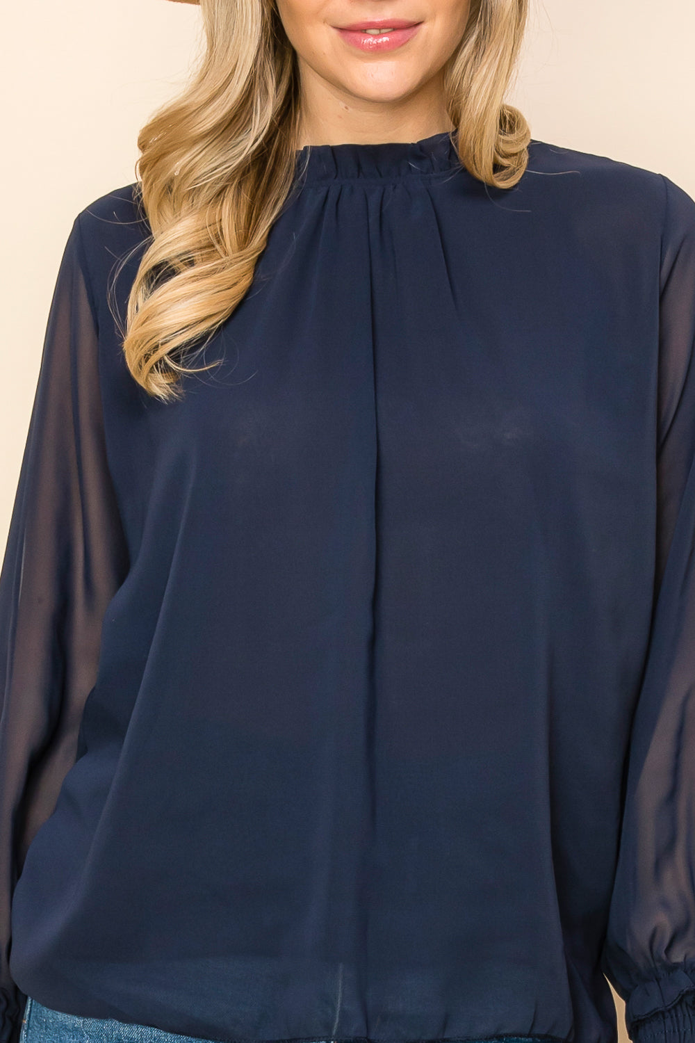 ST0138-FRILLED NECK SHIRRED CUFF BLOUSE - DK GREEN / 222=6PCS * $10 - Burzip Wholesale