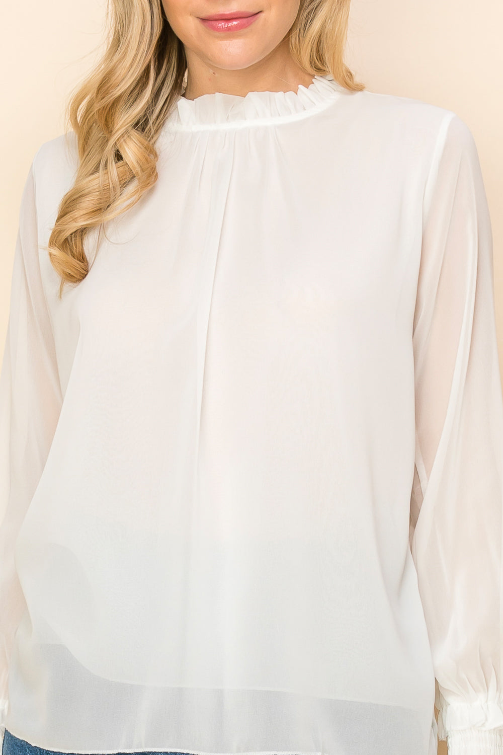 ST0138-FRILLED NECK SHIRRED CUFF BLOUSE - selected color - Burzip Wholesale