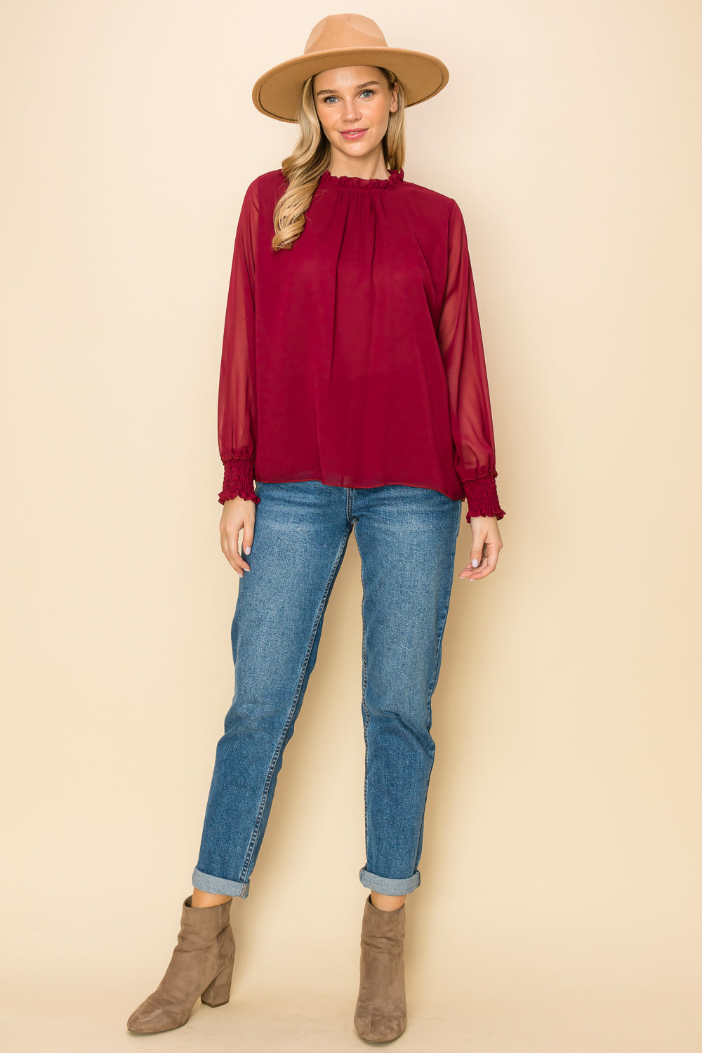 ST0138-FRILLED NECK SHIRRED CUFF BLOUSE - RED / 111=3PCS * $13 - Burzip Wholesale