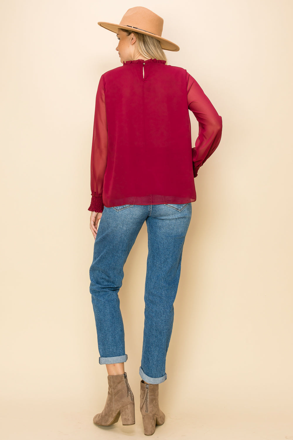 ST0138-FRILLED NECK SHIRRED CUFF BLOUSE - selected color - Burzip Wholesale