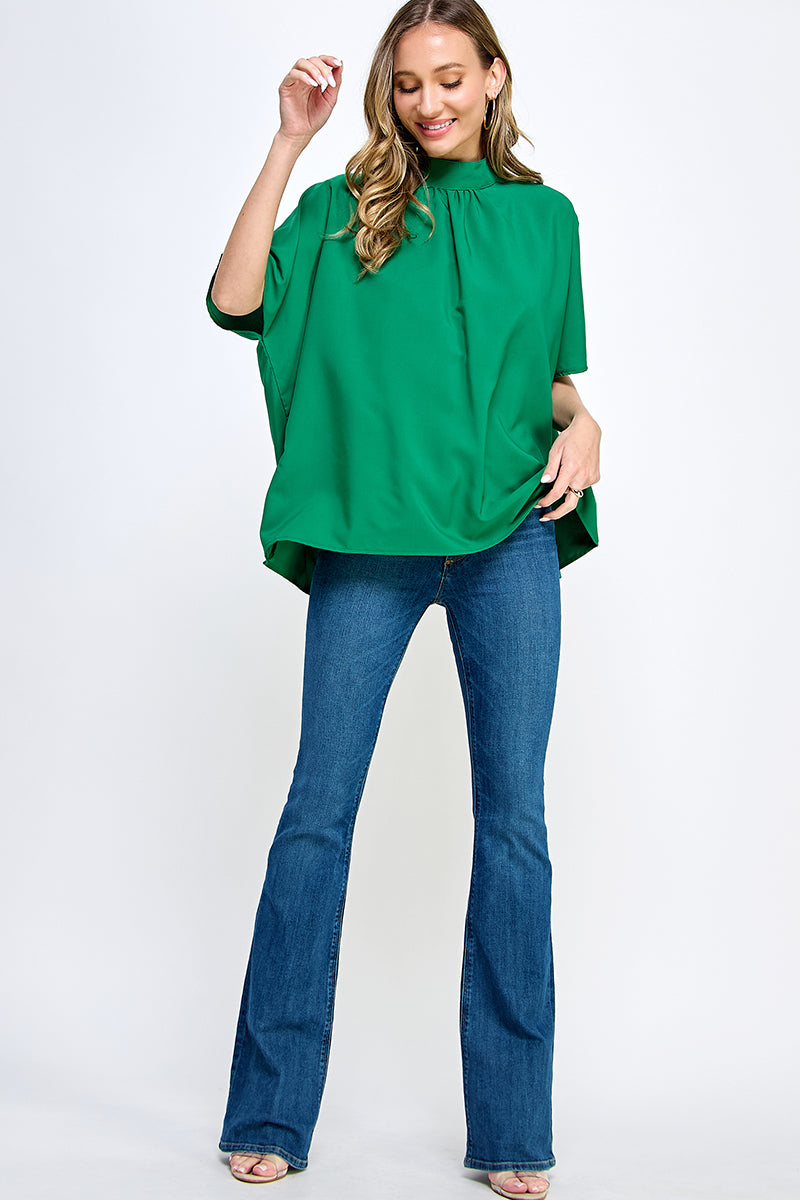 ST0170 BOXY STYLE MOCK NECK WOVEN TOP - GREEN / - Burzip Wholesale