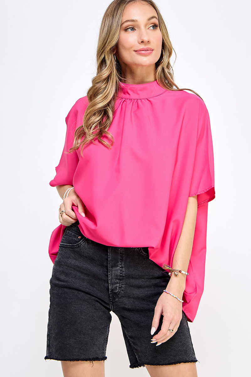 ST0170 BOXY STYLE MOCK NECK WOVEN TOP - HOT PINK / - Burzip Wholesale