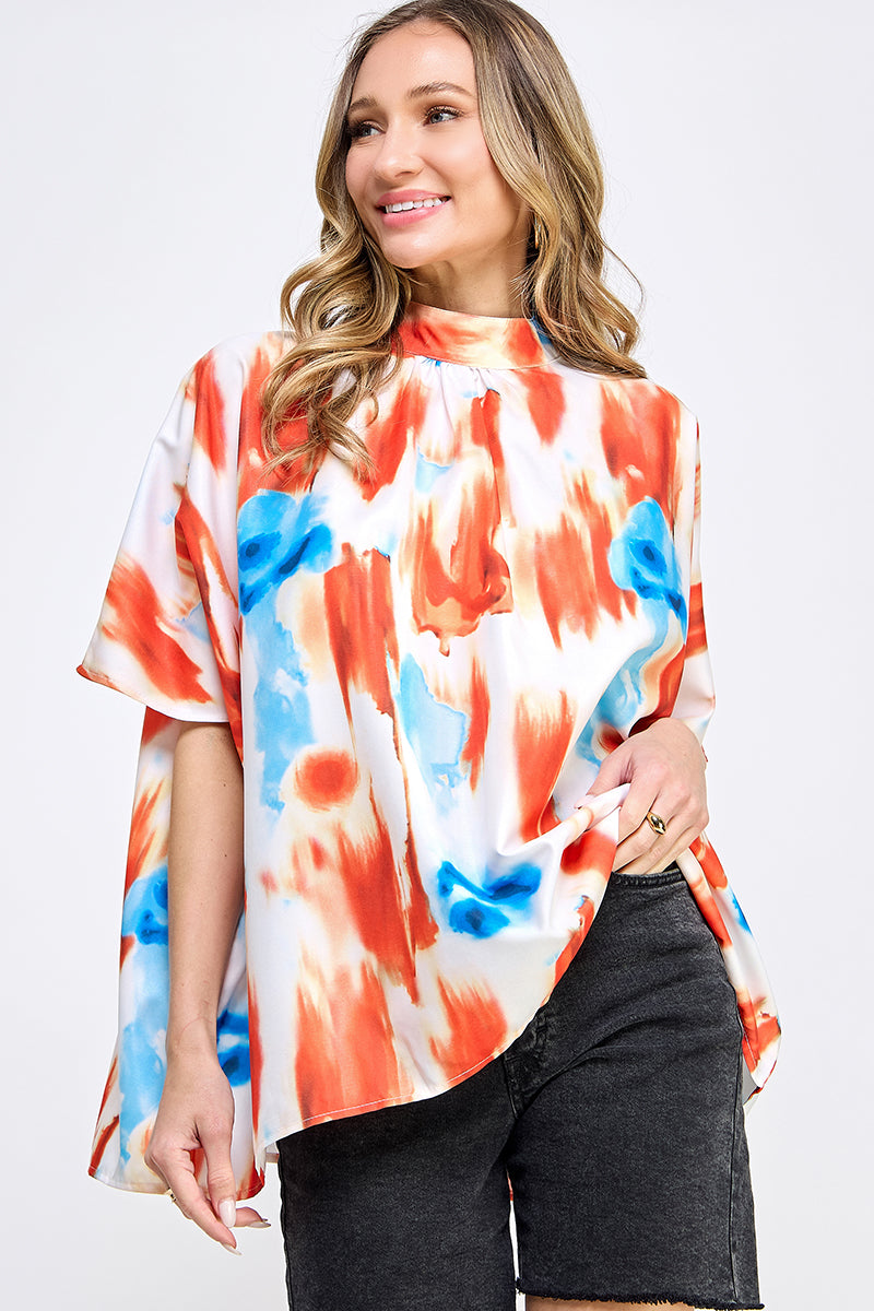 ST0170 BOXY STYLE MOCK NECK WOVEN TOP - /HOT PINK/ - Burzip Wholesale