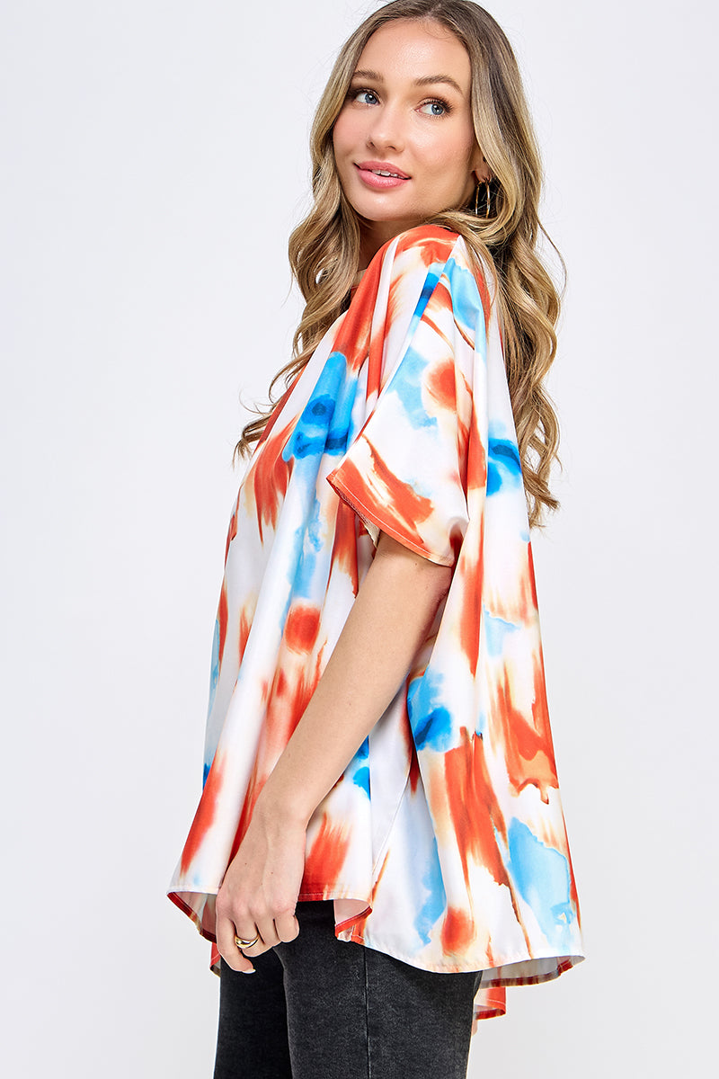 ST0170 BOXY STYLE MOCK NECK WOVEN TOP - ORANGE MULTI / - Burzip Wholesale