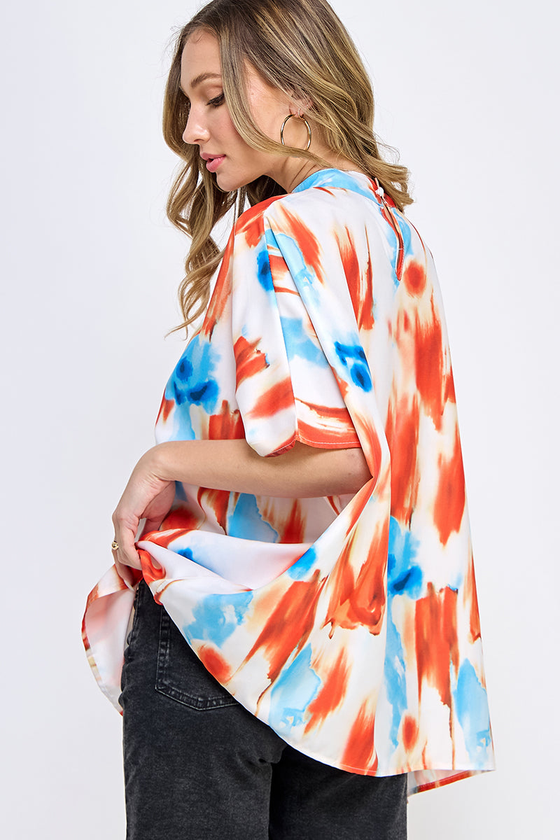 ST0170 BOXY STYLE MOCK NECK WOVEN TOP - ORANGE MULTI / - Burzip Wholesale