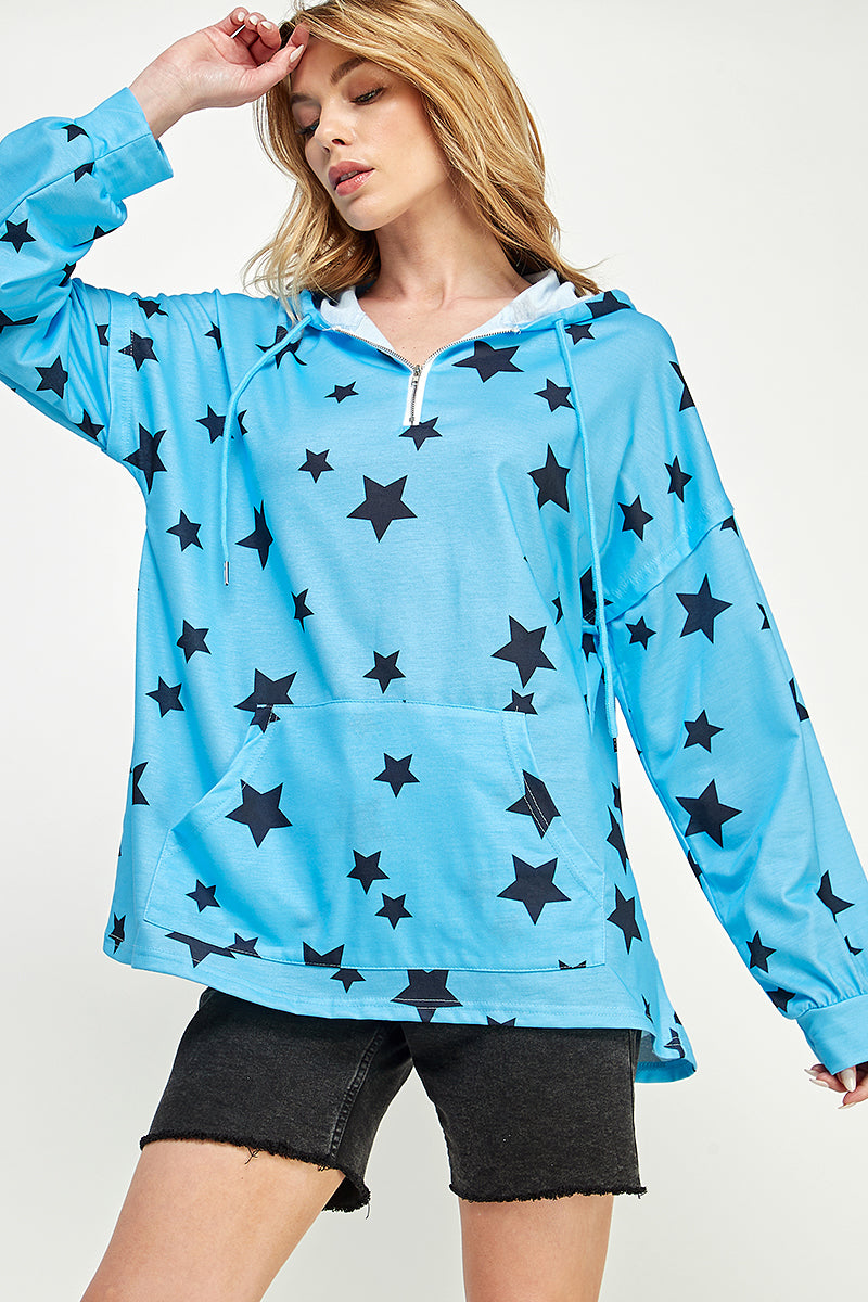 ST0181 Long Sleeve Zipper Hoodie Drawstring Top. - BLUE - S - Burzip Wholesale