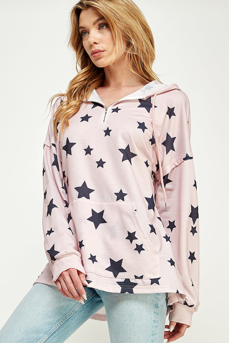 ST0181 Long Sleeve Zipper Hoodie Drawstring Top. - PINK - M - Burzip Wholesale