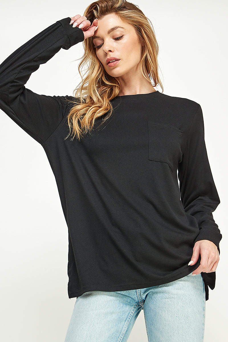 ST0189-1pc-LONG SLEEVE ROUND NECK WITH POCKET SIDE TOPS-$18 (Sample For Display) - DK.GREY - Burzip Wholesale