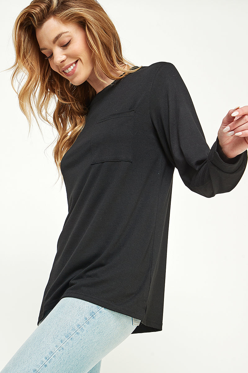 ST0189-1pc-LONG SLEEVE ROUND NECK WITH POCKET SIDE TOPS-$18 (Sample For Display) - DK.GREY - Burzip Wholesale
