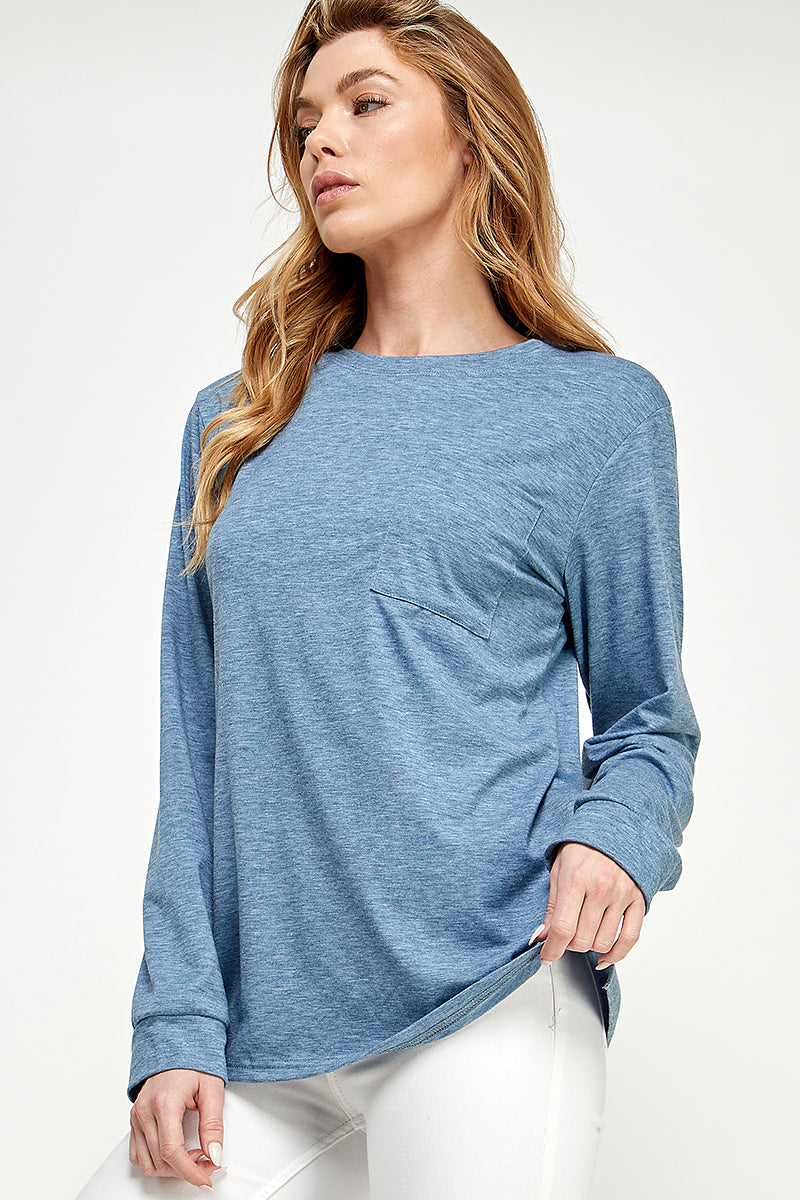 ST0189-1pc-LONG SLEEVE ROUND NECK WITH POCKET SIDE TOPS-$18 (Sample For Display) - MOCHA - Burzip Wholesale