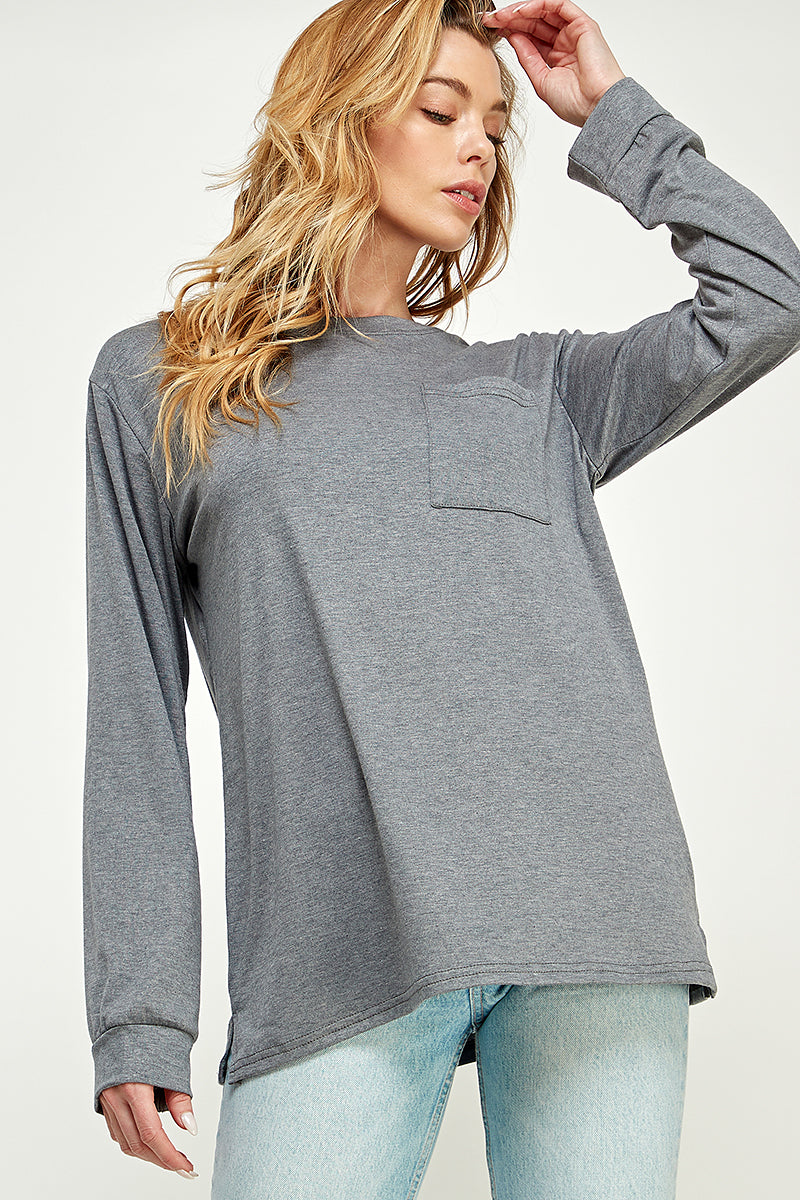 ST0189-1pc-LONG SLEEVE ROUND NECK WITH POCKET SIDE TOPS-$18 (Sample For Display) - MOCHA - Burzip Wholesale