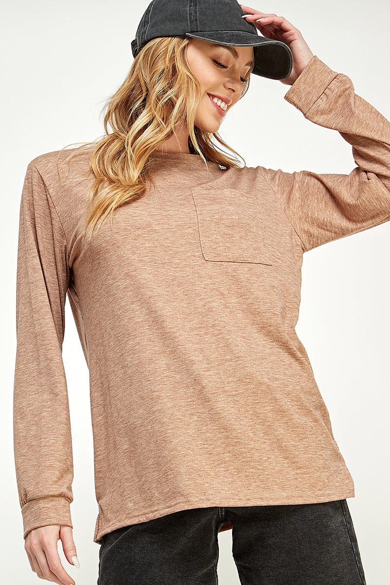 ST0189-1pc-LONG SLEEVE ROUND NECK WITH POCKET SIDE TOPS-$18 (Sample For Display) - selected color - Burzip Wholesale