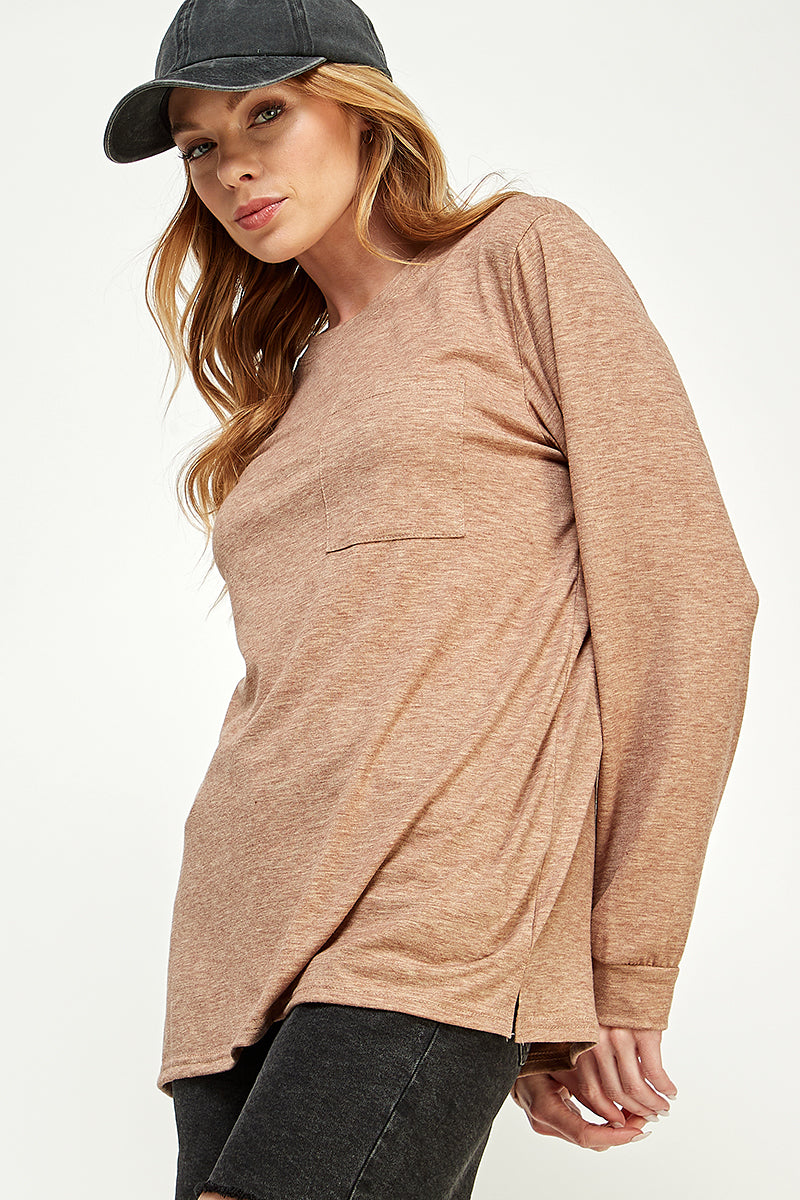 ST0189-1pc-LONG SLEEVE ROUND NECK WITH POCKET SIDE TOPS-$18 (Sample For Display) - selected color - Burzip Wholesale