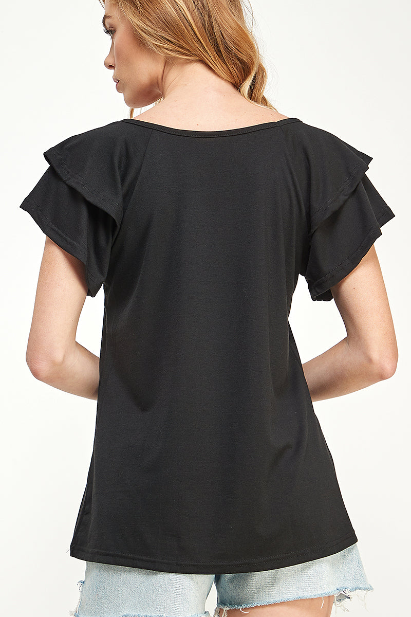 ST0191-KNIT DOUBLE RUFFLED SLEEVE TOP - SALMON/ - Burzip Wholesale