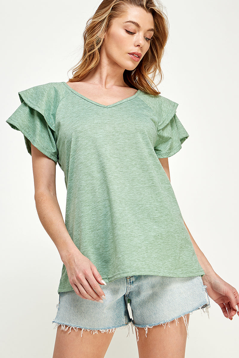ST0191-KNIT DOUBLE RUFFLED SLEEVE TOP - selected color - Burzip Wholesale