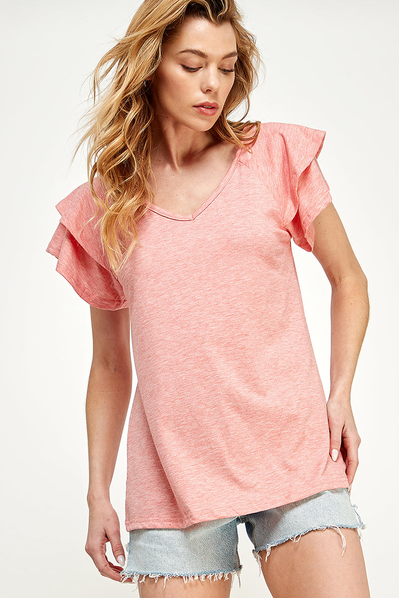 ST0191-KNIT DOUBLE RUFFLED SLEEVE TOP - selected color - Burzip Wholesale