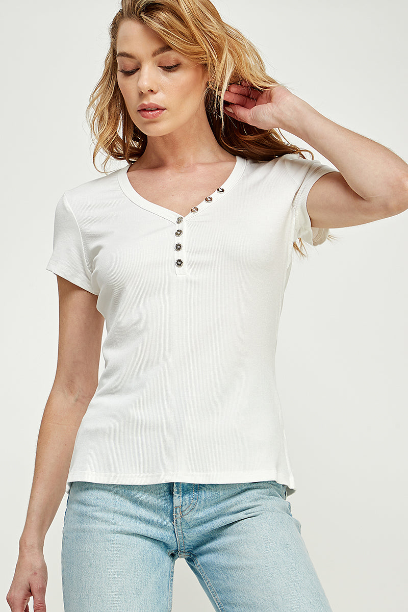 ST0202 (smlxl) Buttons Slim Fit V Neck Knit Top - selected color - Burzip Wholesale