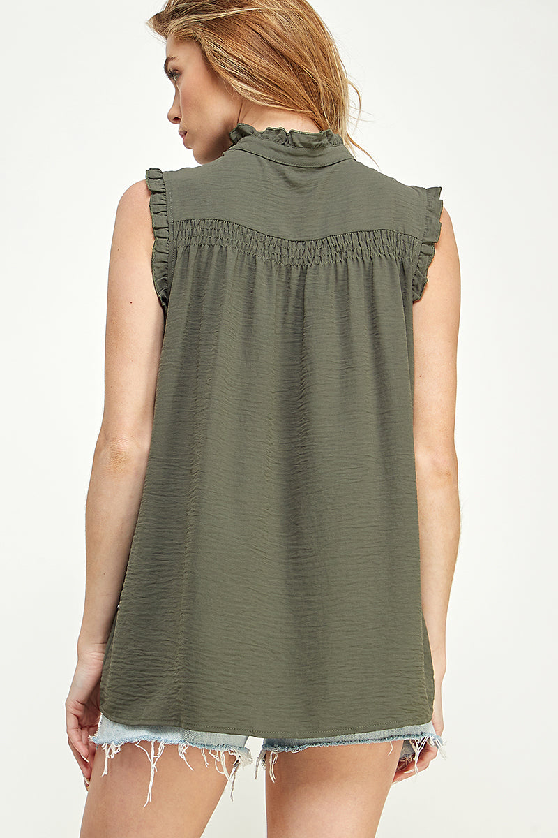 ST0203-1pc-WOVEN SLEEVE LESsS HALF PLACKET W/ BUTTON-$18 (Sample for Display) - HUNDER GREEN:1111=4pcs - Burzip Wholesale
