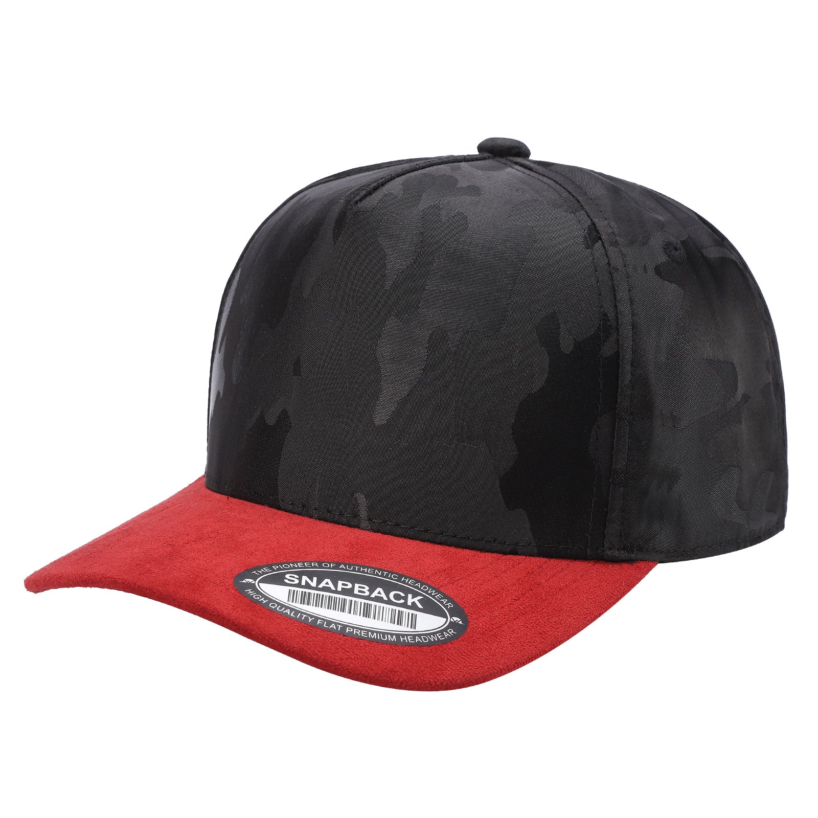5panel Camo Head with Suede Fabric Bill Snapback Tccs - BLACK/RED - Burzip Wholesale
