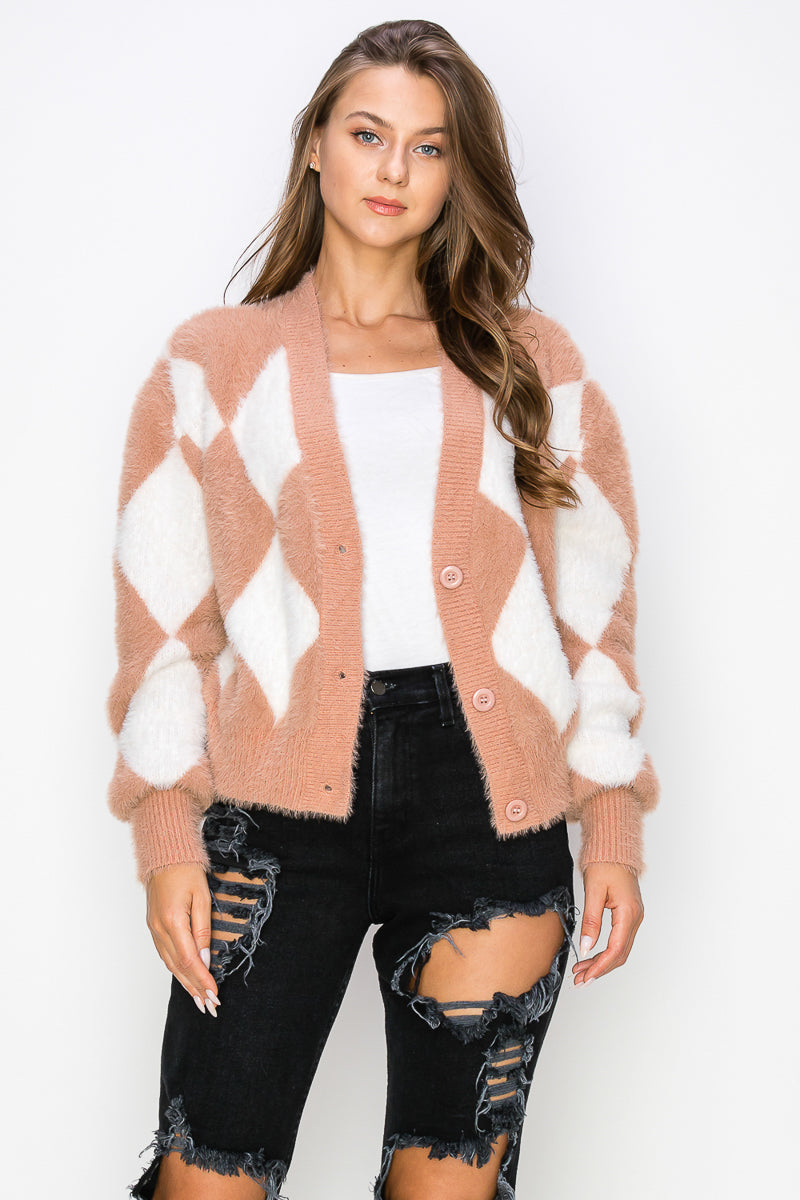 WC0026-BUTTON CARDIGAN SWEATER - BLACK-IVORY / M - Burzip Wholesale